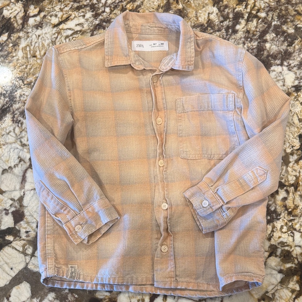Zara Kids Beige Plaid Button Down Shirt